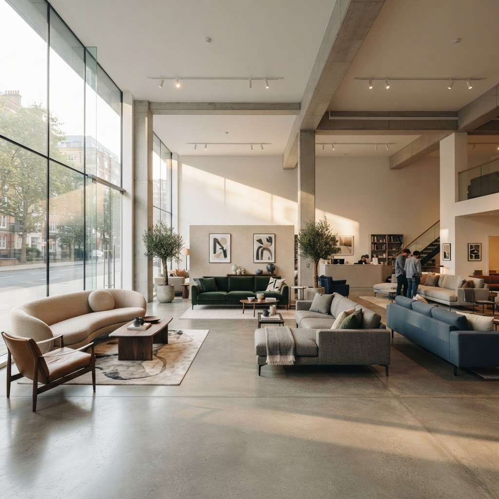 Furniture showroom displaying upholstered sofas from the Bospax Zarske catalog